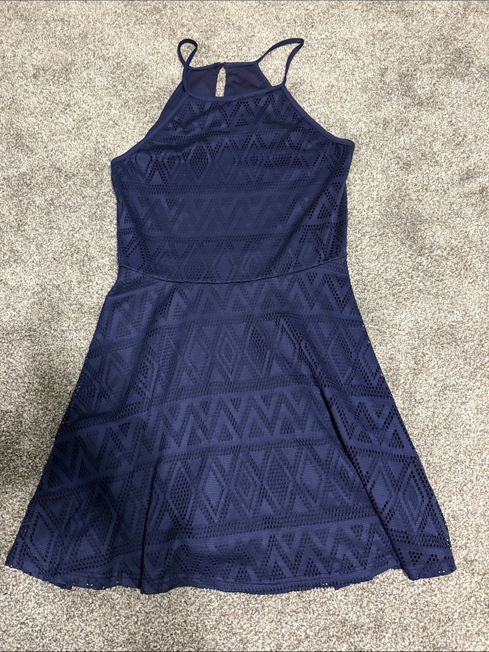 Derek Heart Navy Crochet Halter Skater Dress